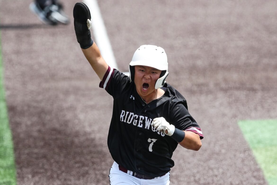 Alex Han (7) of Ridgewood celebrates as he scores a run in the first inning during the 2026 NJSIAA Group 4 baseball final between Ridgewood and Kingsway at Bainton Field at Rutgers University in Piscataway, NJ on 6/14/26.