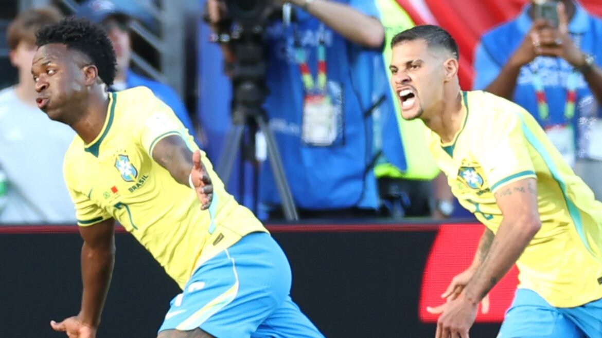 Vinicius Junior #7 of Brazil celebrates scoring his team's first goal during the FIFA World Cup 2026