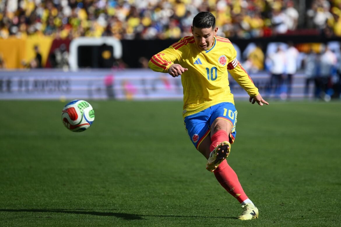 FILE - Colombia midfielder James Rodríguez (10) in action during the second half of an international friendly soccer match against France, Sunday, March 29, 2026, in Landover, Md. (AP Photo/Nick Wass)