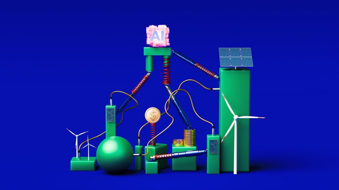 An illustration of a pyramid with AI at the top and various energy sources like turbines and solar panels below.