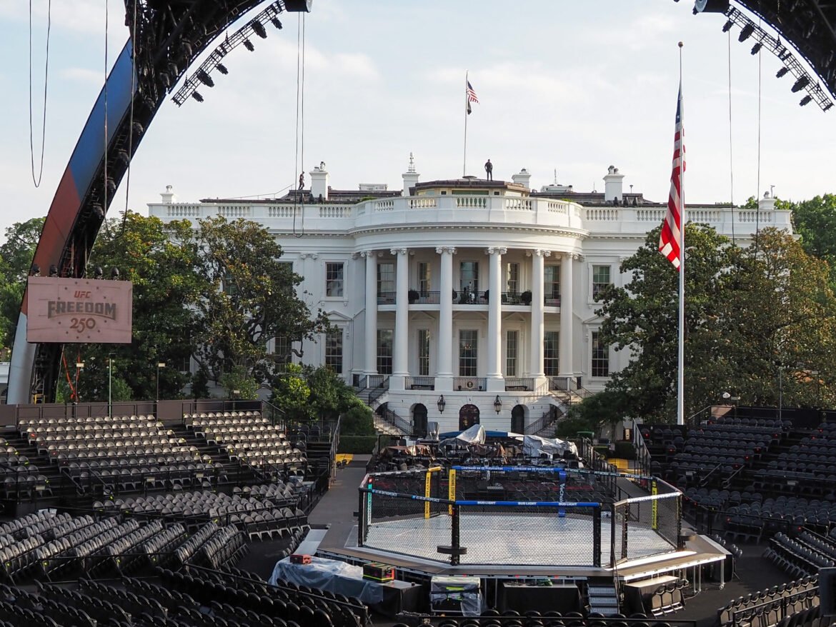 An Ultimate Fighting Championship ring on the White House South Lawn on Thursday, June 11, 2026. (Photo by Ashley Murray/States Newsroom)