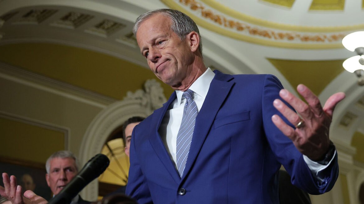 Senate Majority Leader John Thune speaks to reporters after the weekly Senate policy luncheons at the U.S. Capitol.