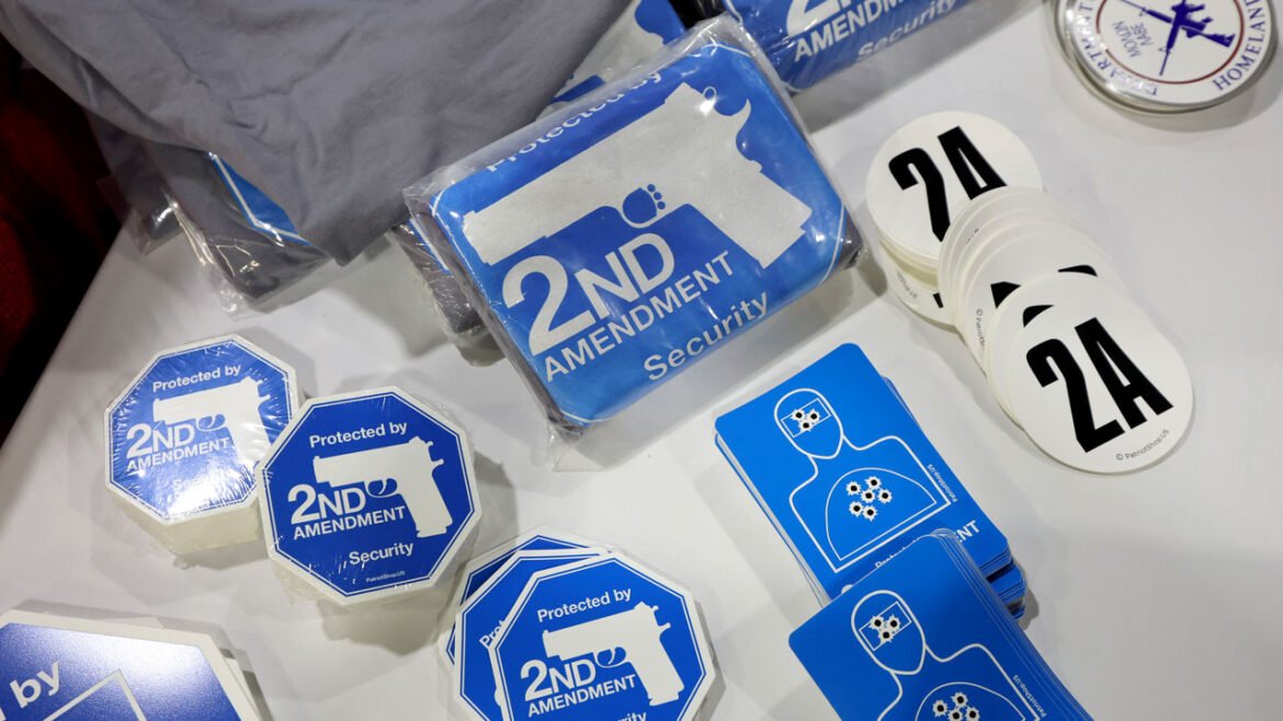 2nd Amendment stickers sit on a table.