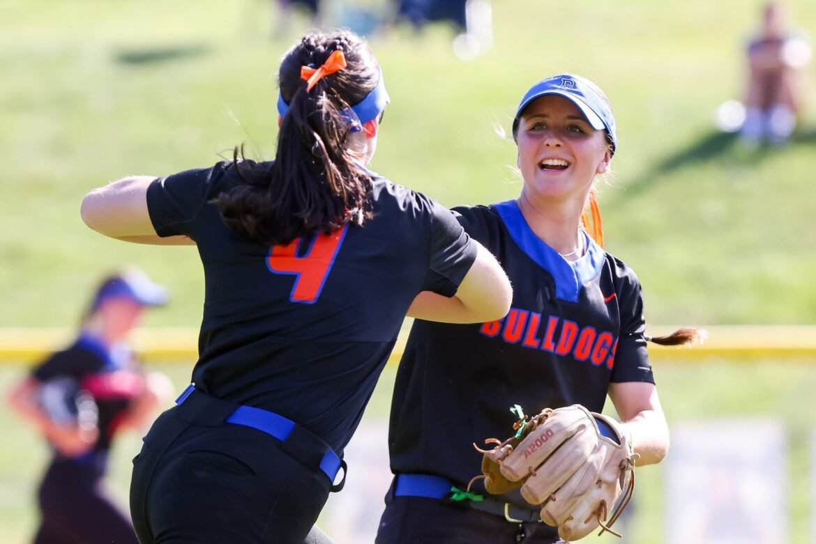 Aubrie Cantagallo (2) of Dayton celebrates with Lila Caroll (4) after an out against Indian Hills during the softball NJSIAA North, Group 1 semifinal at Indian Hills High School in Oakland, NJ on Monday June 8, 2026.