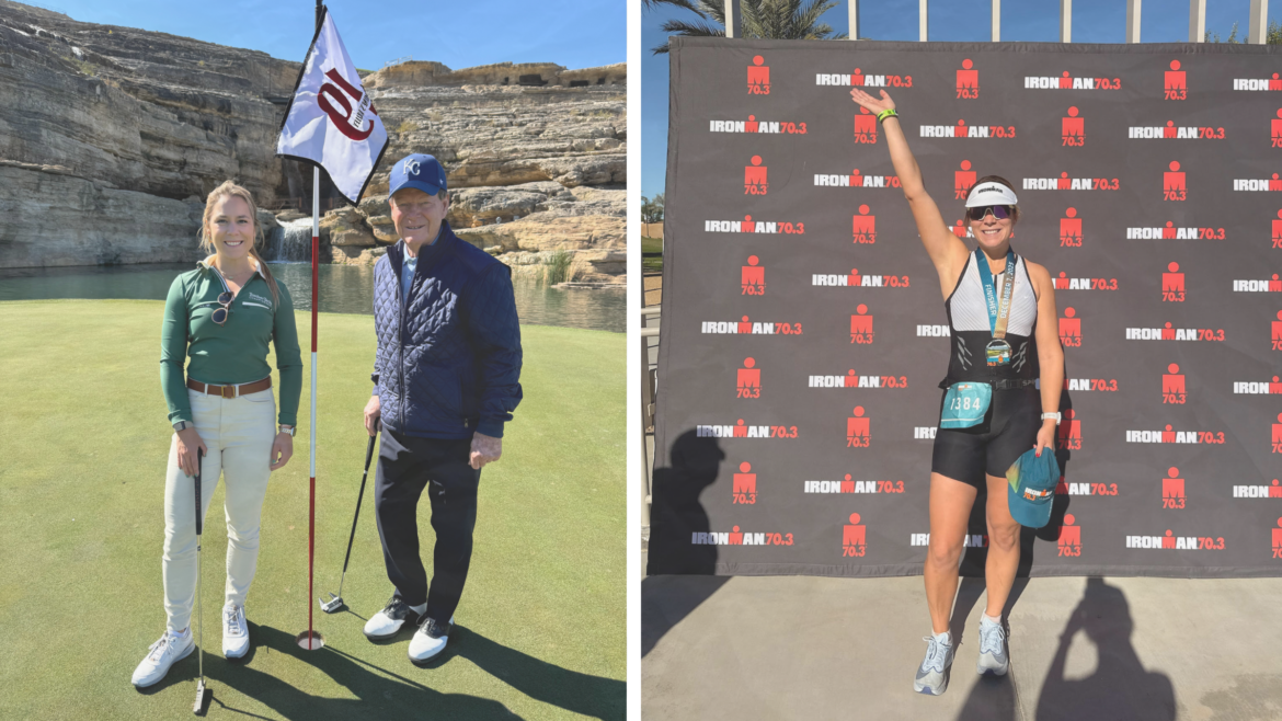 composite image of woman next to older man on golf course next to the same woman in finisher medal in front of Ironman 70.3 backdrop