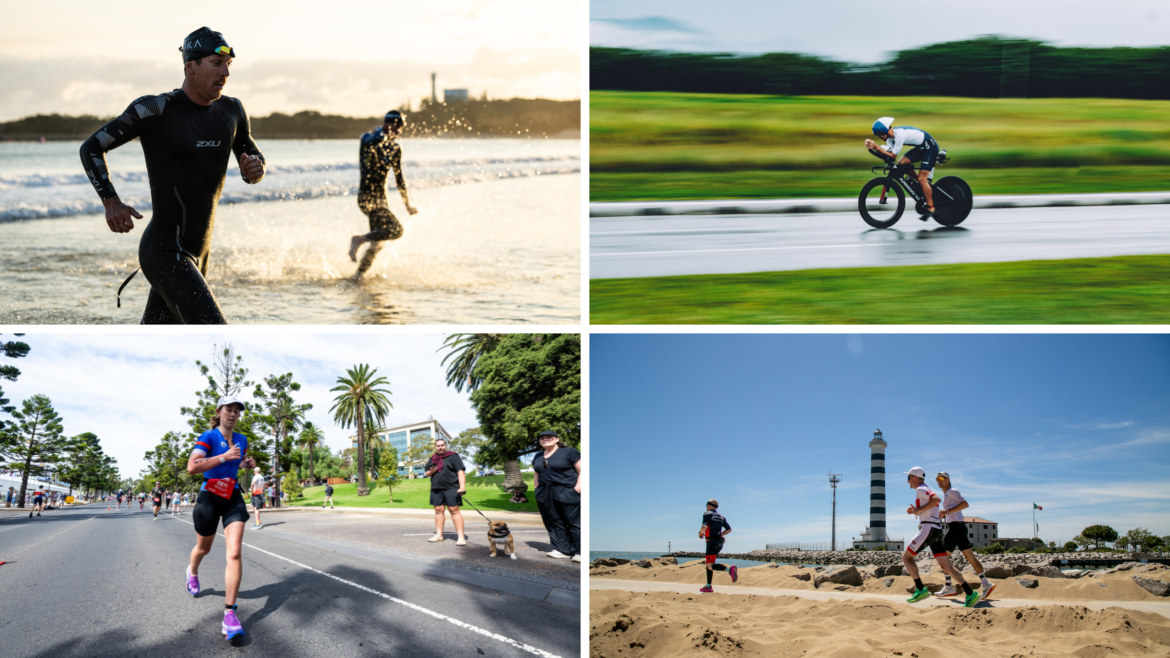 composite image of athletes swimming, cycling, and running in different Ironman 70.3 destinations around the world