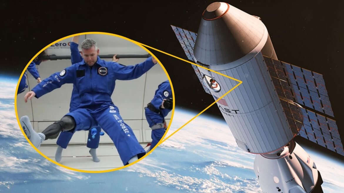 An illustration of the Haven-1 space station in orbit around Earth with an inert of McFall floating in simulated microgravity