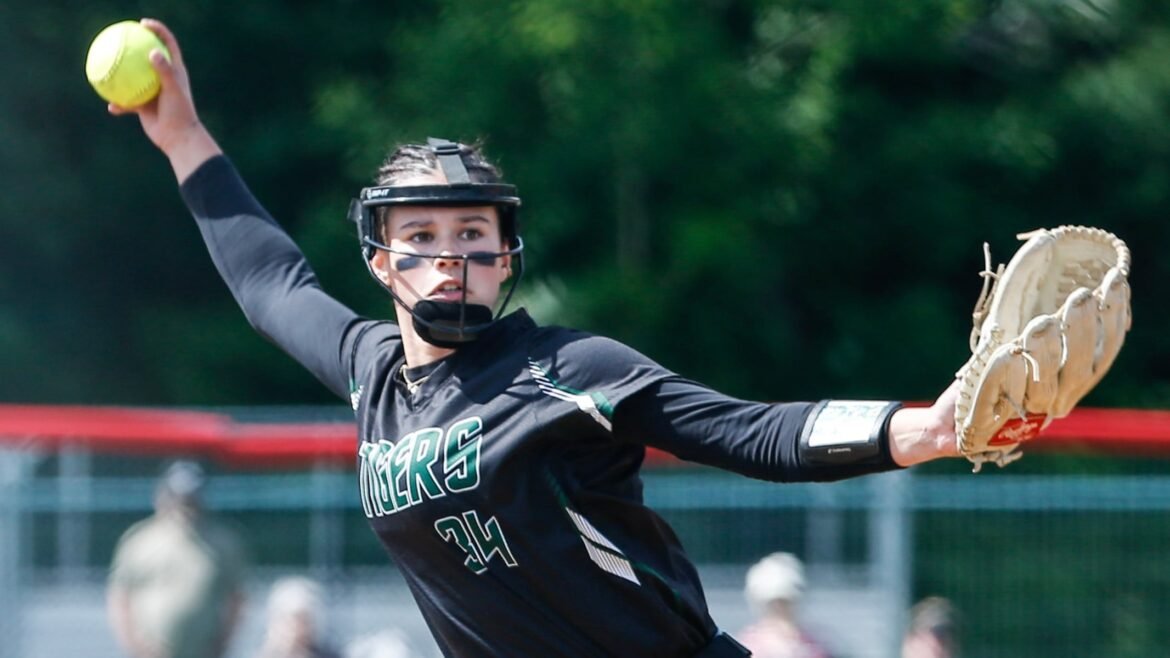 Nicole Swatko (34) of South Plainfield pitches during the GMC Tournament softball final between St. Thomas Aquinas and South Plainfield at Woodbridge High School in Woodbridge, NJ on 5/23/25.
