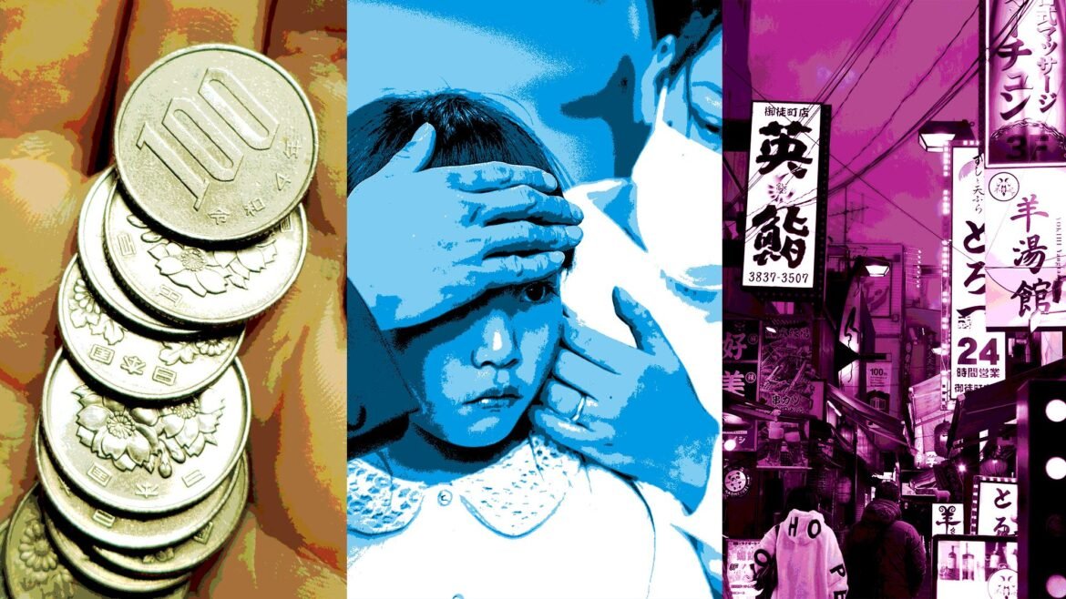 The left image shows a stack of coins, the middle shows a child being taken care of by a woman in a mask and the right shows a sign-lined street of Tokyo.