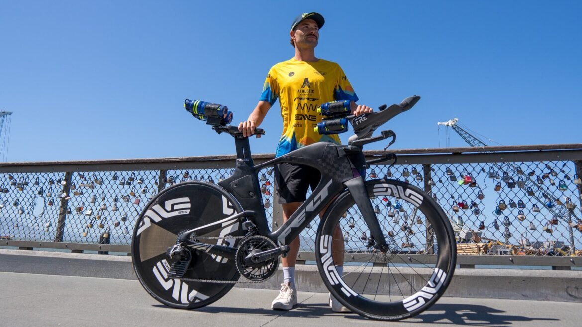 Justin Riele stands with his Felt IA 2.0 for T100 San Francisco.