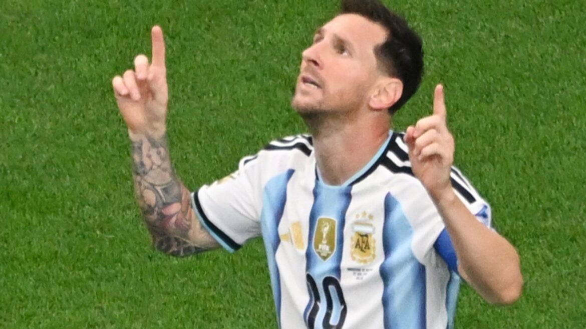 Lionel Messi celebrates becoming the all-time leading World Cup goalscorer after his strike put Argentina 1-0 up against Austria