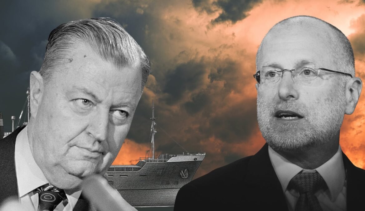 FCC Chair Brendan Carr (r.) has been threatening the licenses of broadcasters over their news coverage. Fifty years ago, the Rev. Carl McIntire (l.) did battle with the FCC over what he said on the radio. It did not end well.