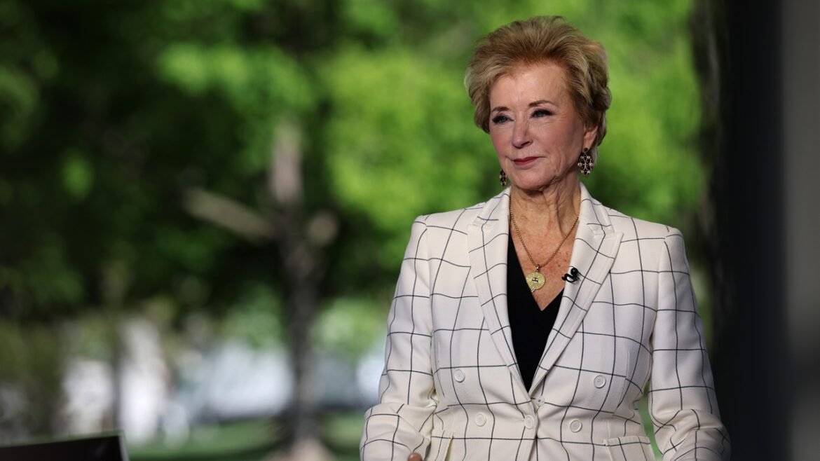 U.S. Secretary of Education Linda McMahon standing outside