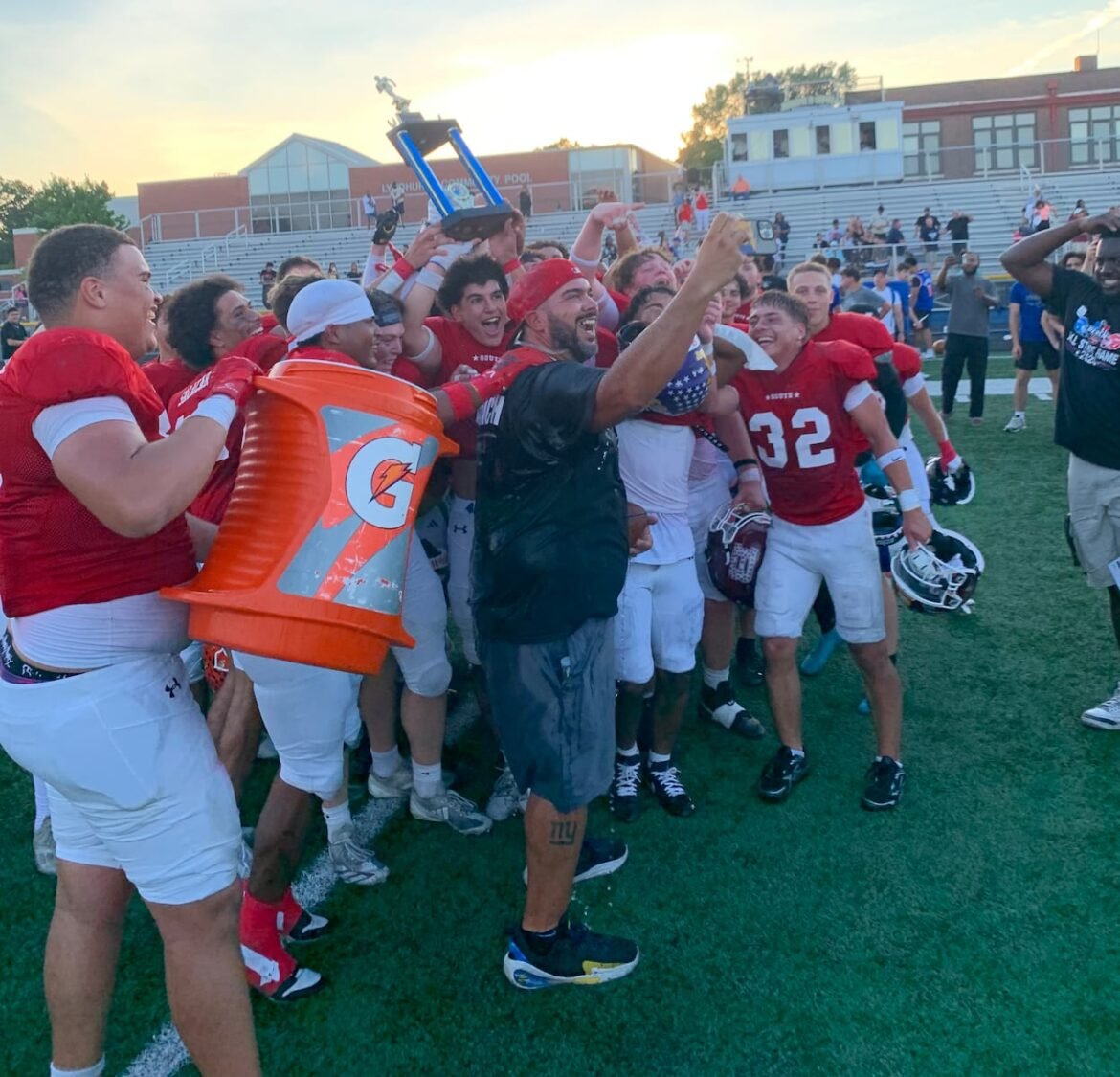 The South team celebrates its 7-6 victory over the North team in the 2026 Bergen County Football All-Star Game