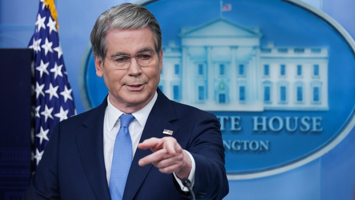 U.S. Treasury Secretary Scott Bessent speaking and pointing