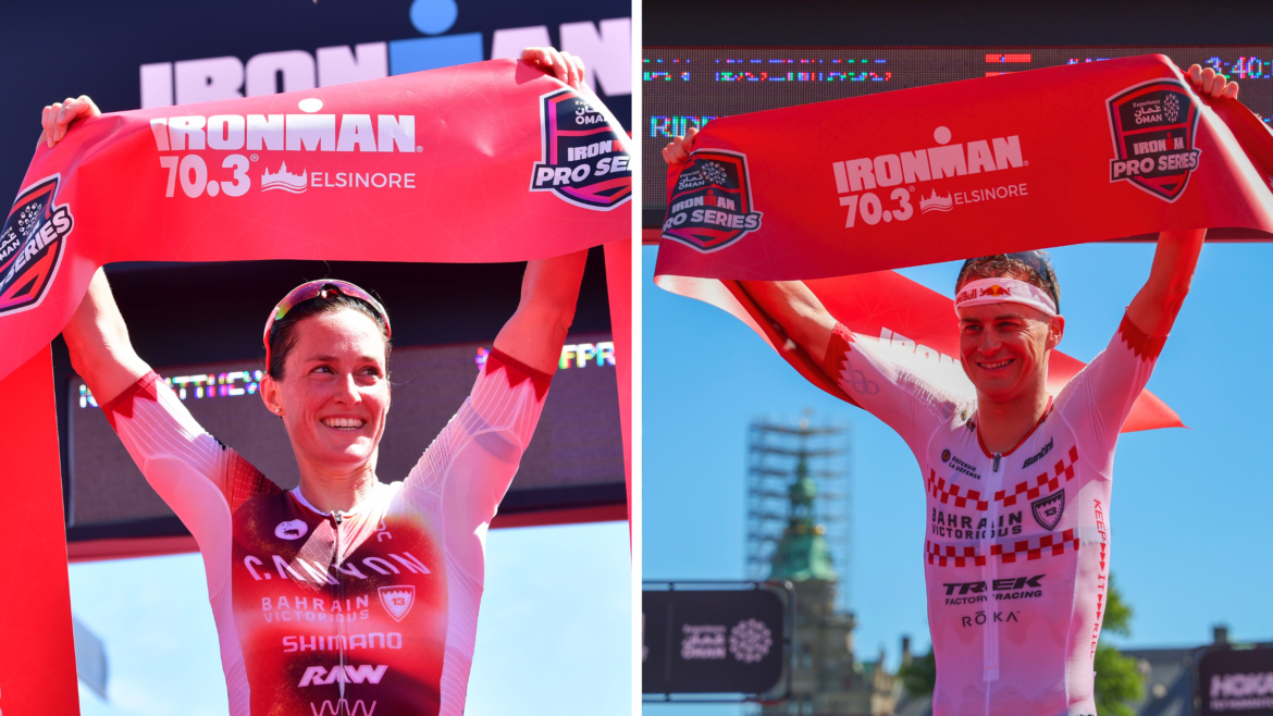 Marten Van Riel and Kat Matthews hold up the finish line tape after winning the 2026 Ironman 70.3 Elsinore.