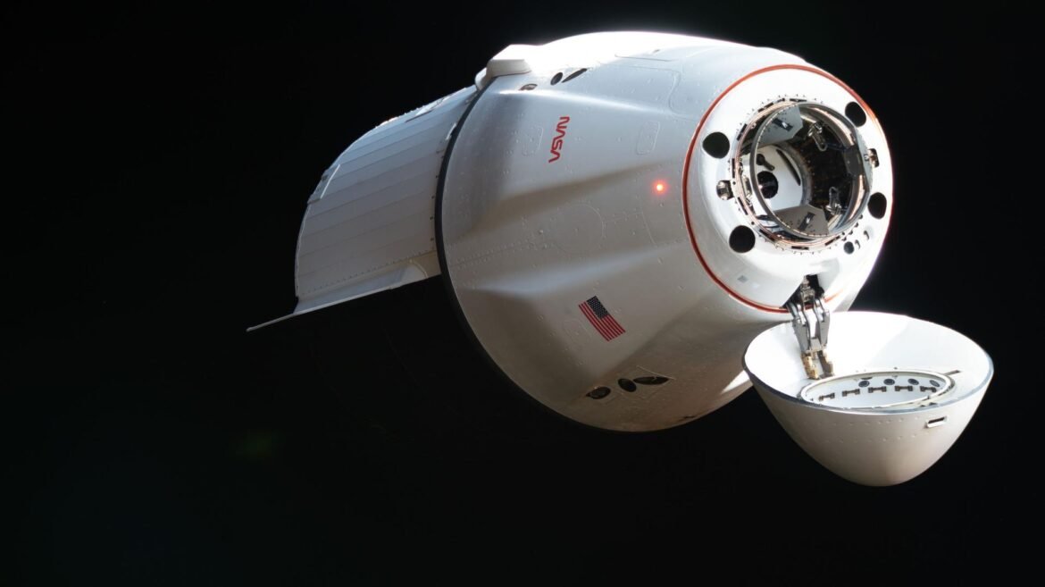 The SpaceX Dragon cargo spacecraft supporting the company’s 34th commercial resupply services mission for NASA approaches the International Space Station on May 17, 2026, carrying nearly 6,500 pounds of food, supplies, and equipment for the Expedition 74 crew.