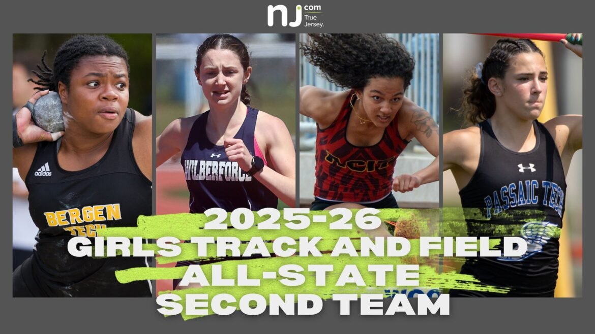 2025-26 Girls Track & Field All-State Second Team - Afua Anyadike of Bergen Tech, Stella Blanchard of Wilberforce, Brianna Growalt of Atlantic Tech, and Tori Hackett of Passaic Tech.