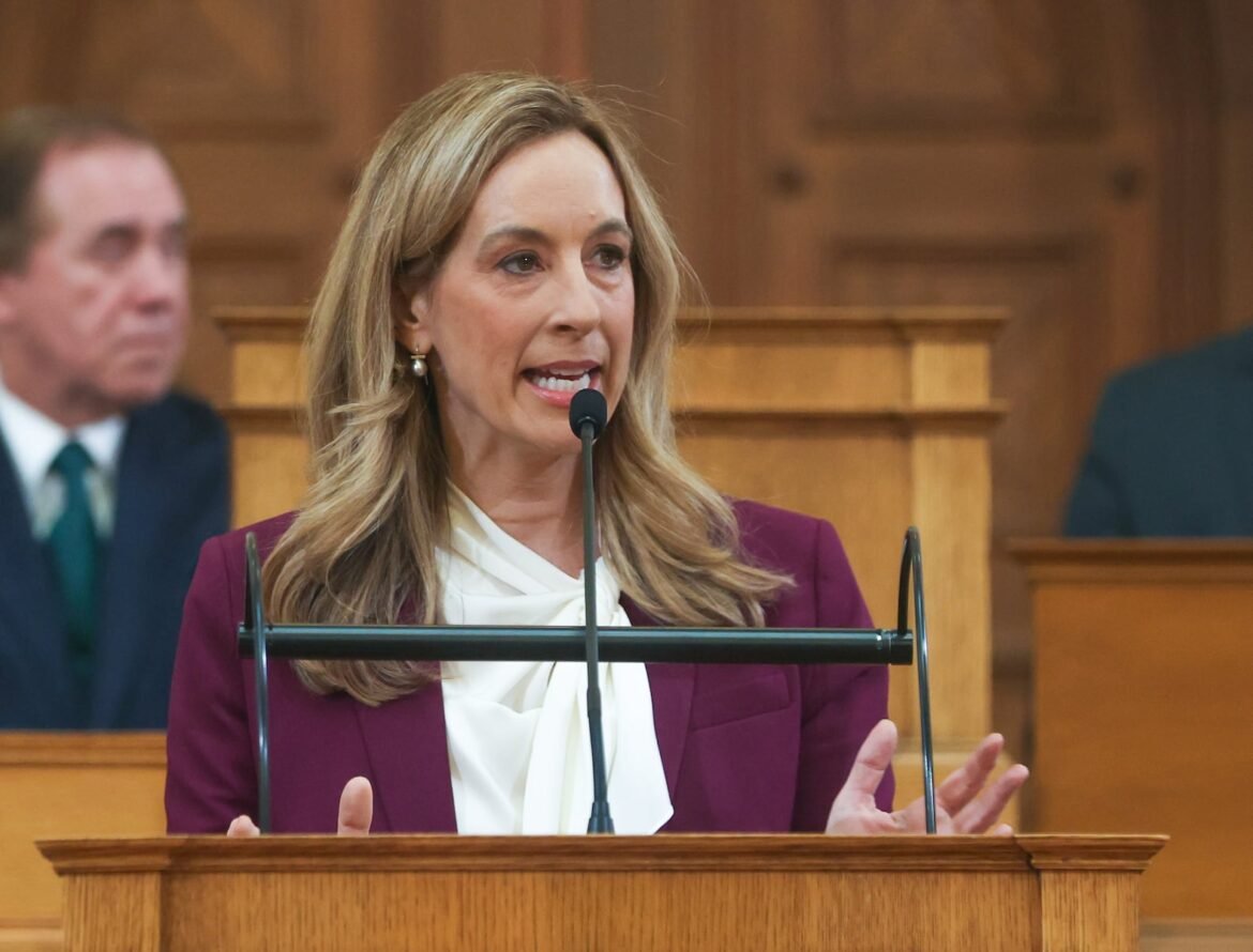 Gov. Mikie Sherrill delivers her state budget address at the Statehouse in Trenton in March. This is her first state budget.