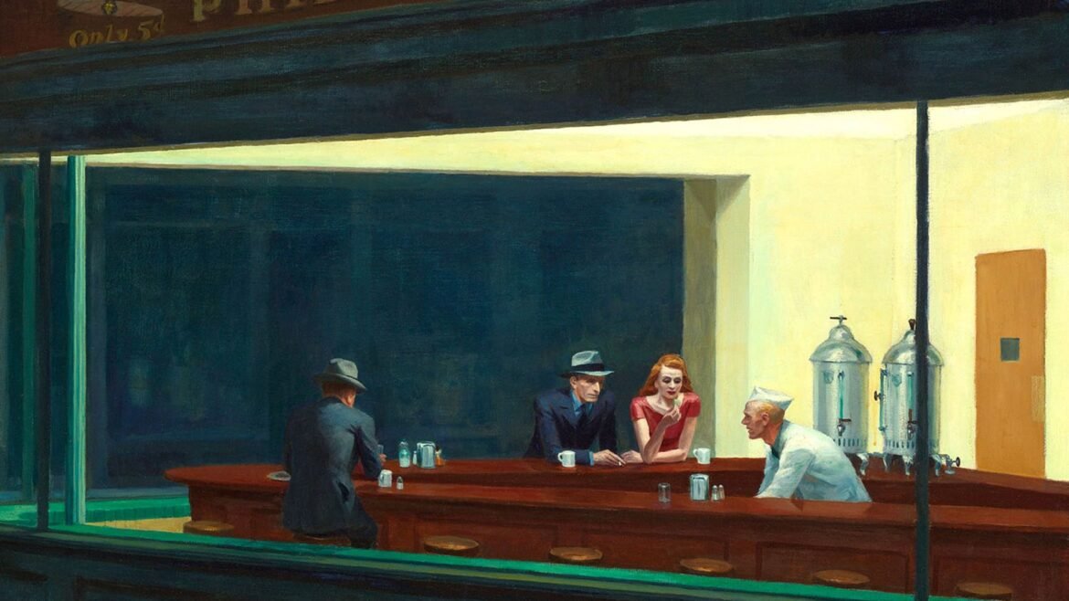 A painting showing a series of people around a bar.