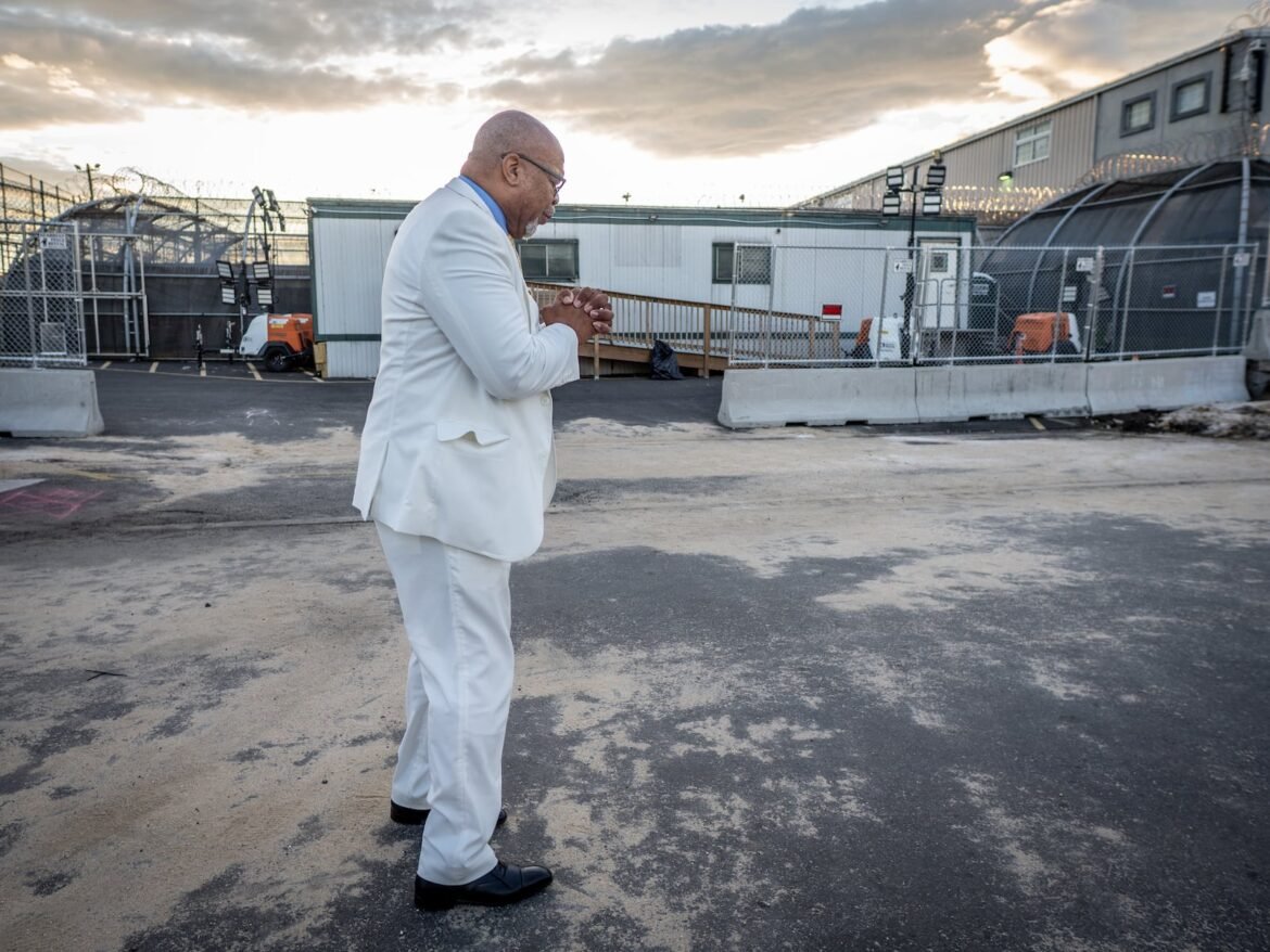 Pastor Michael Carr along with the Newark Interfaith Alliance, a group of pastors from different denominations from Newark and the surrounding areas, arrive at Delaney Hall praying for God to intervene and free the detainees inside the detention center in Newark, New Jersey on Sunday, June 7, 2026.