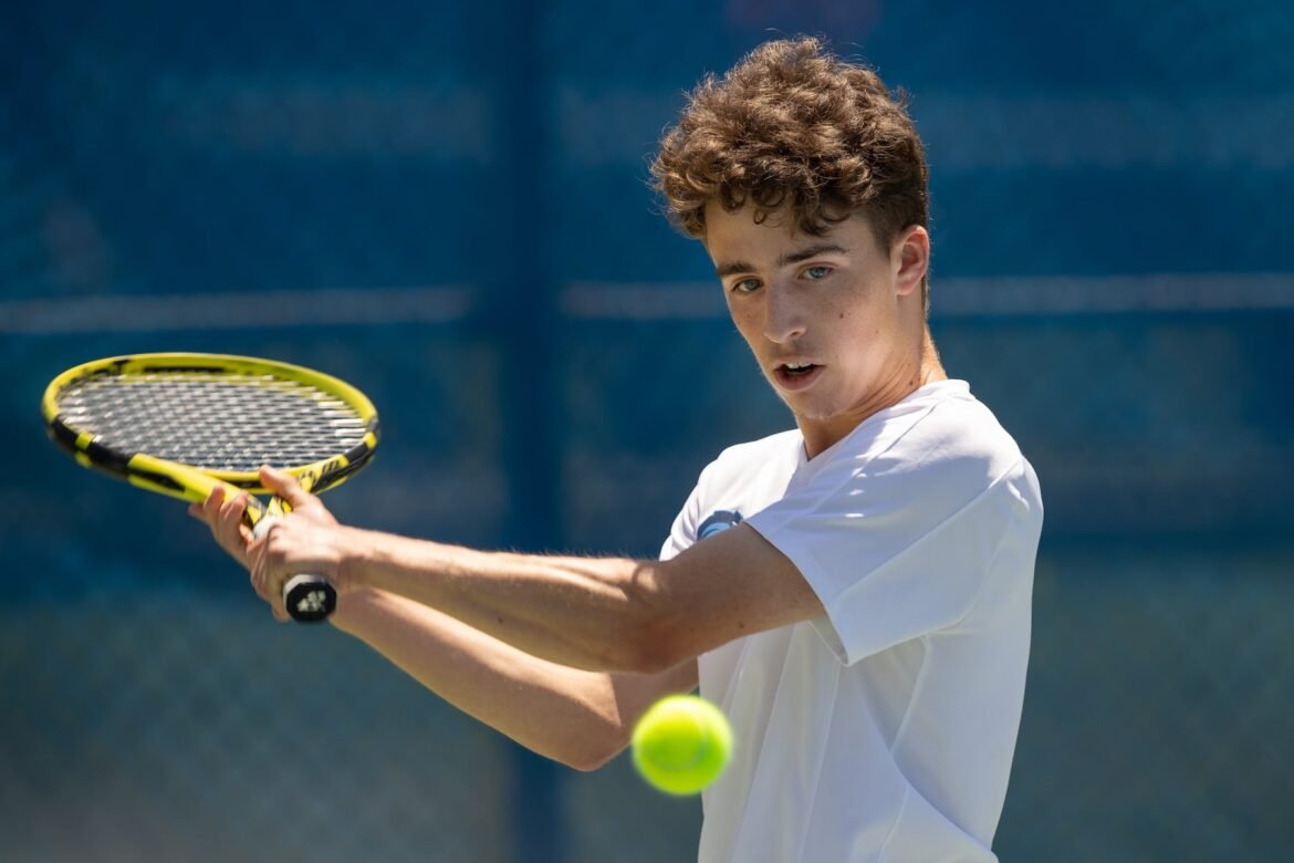 Vincenzo Caruso of Christian Brothers Academy competes in the 1st singles match during the NJSIAA Groups 1 & 2 & Non-Public Finals at Mercer County Park Tennis Center in West Windsor, NJ on Thursday, June 4, 2026.
