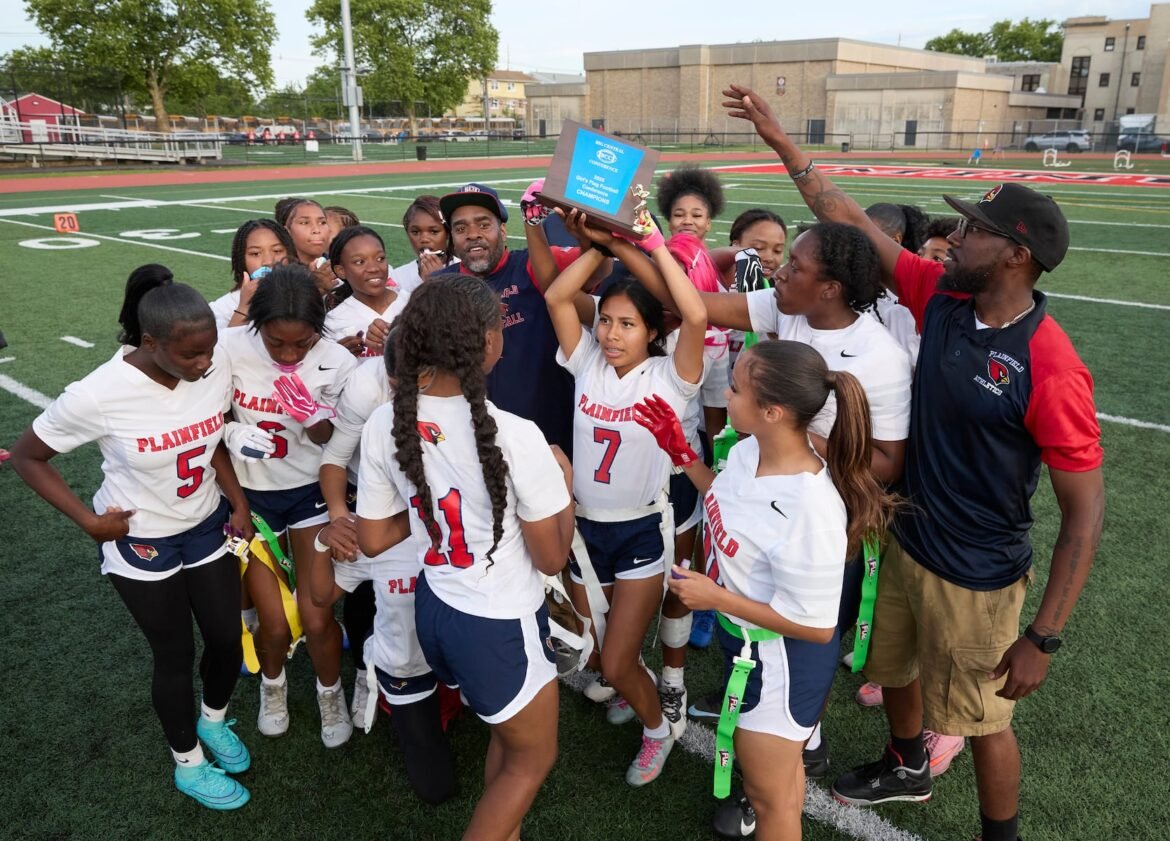 Plainfield celebrates winning the Big Central Conference Tournament Championship game against Elizabeth in overtime played at Williams Field in Elizabeth, NJ on Tuesday June 2, 2026