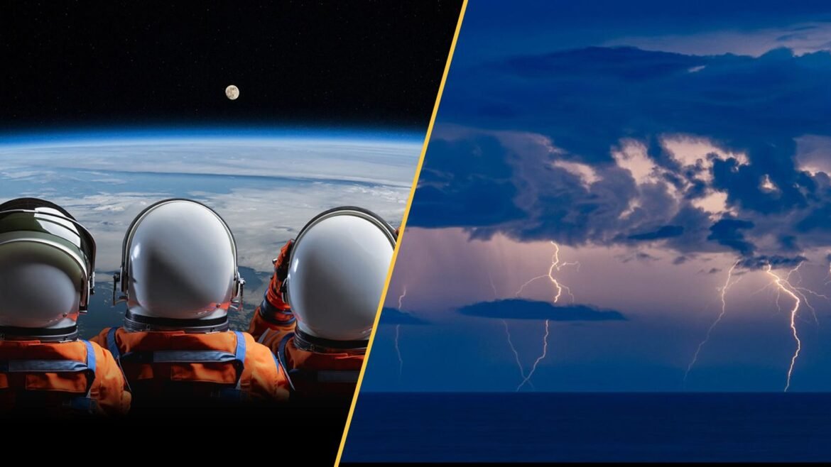 Artemis astronauts look to the moon on the left, storm clouds discharge lighting over the ocean on the right.