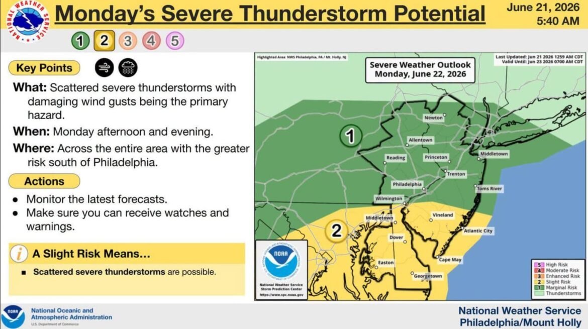 Severe thunderstorms, flash flooding and damaging winds are possible on Monday afternoon and evening, forecasters say. Father's Day should remain sunny and pleasant.