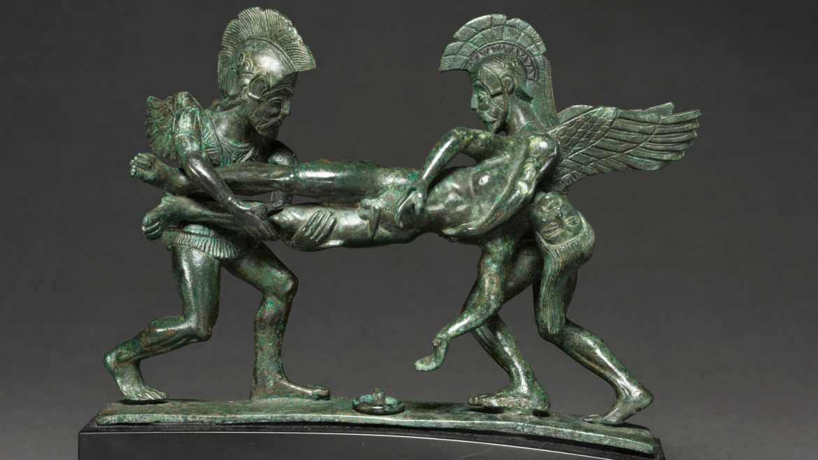 Sleep and Death cista handle: A 2,400-year-old sculpture depicting gods carrying away Zeus' son during the Trojan War