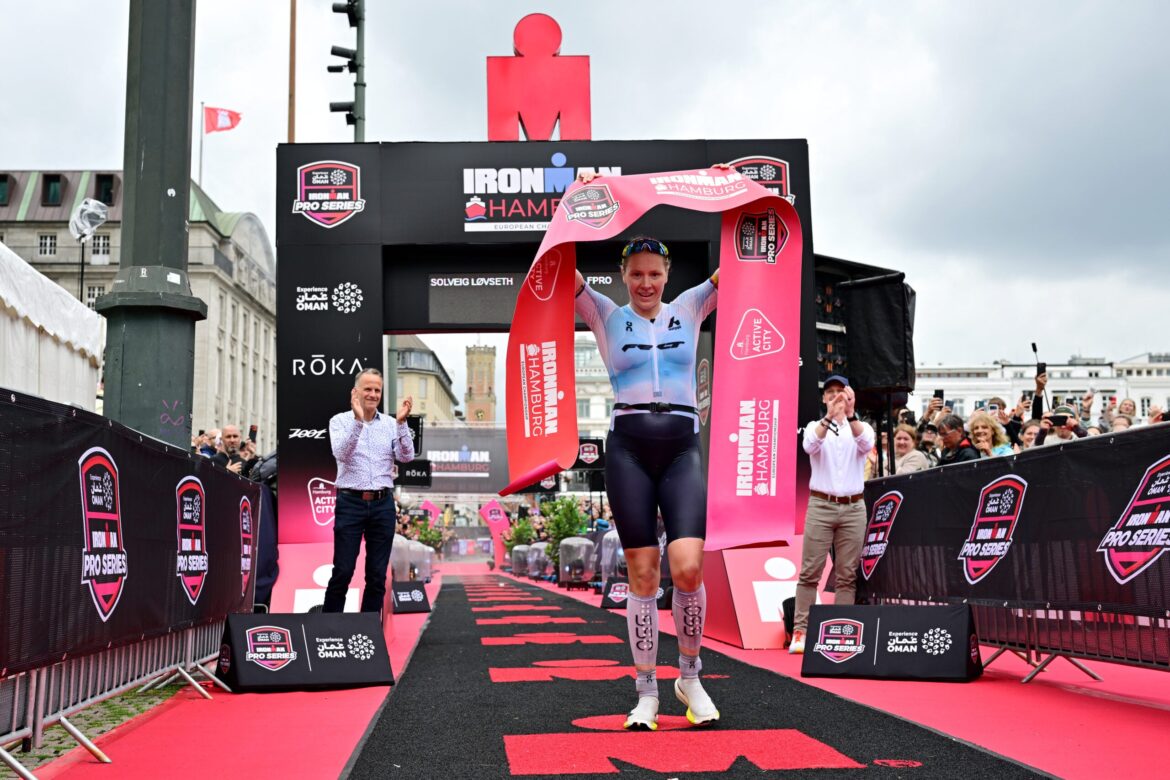 Solveig Løvseth celebrates after winning the 2026 Pro Series Ironman European Championship.
