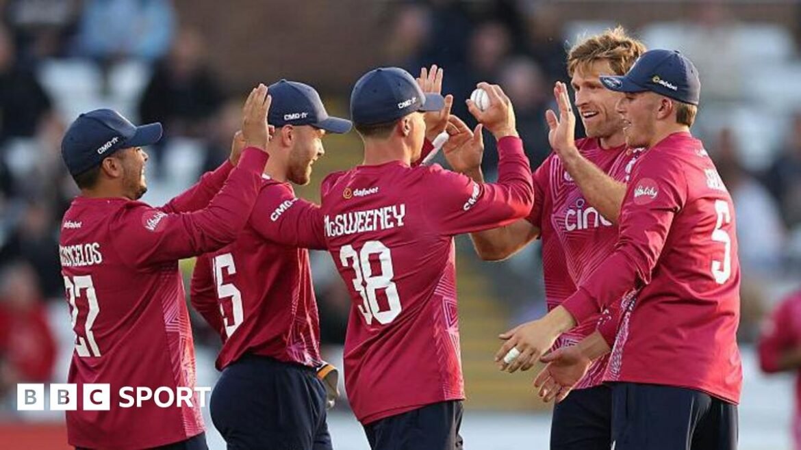 Northants bowler David Willey celebrates with team mates after taking the wicket of Graham Clark off the first ball of the innings during the Vitality Blast match between Durham and Northamptonshire Steelbacks at Banks Homes Riverside