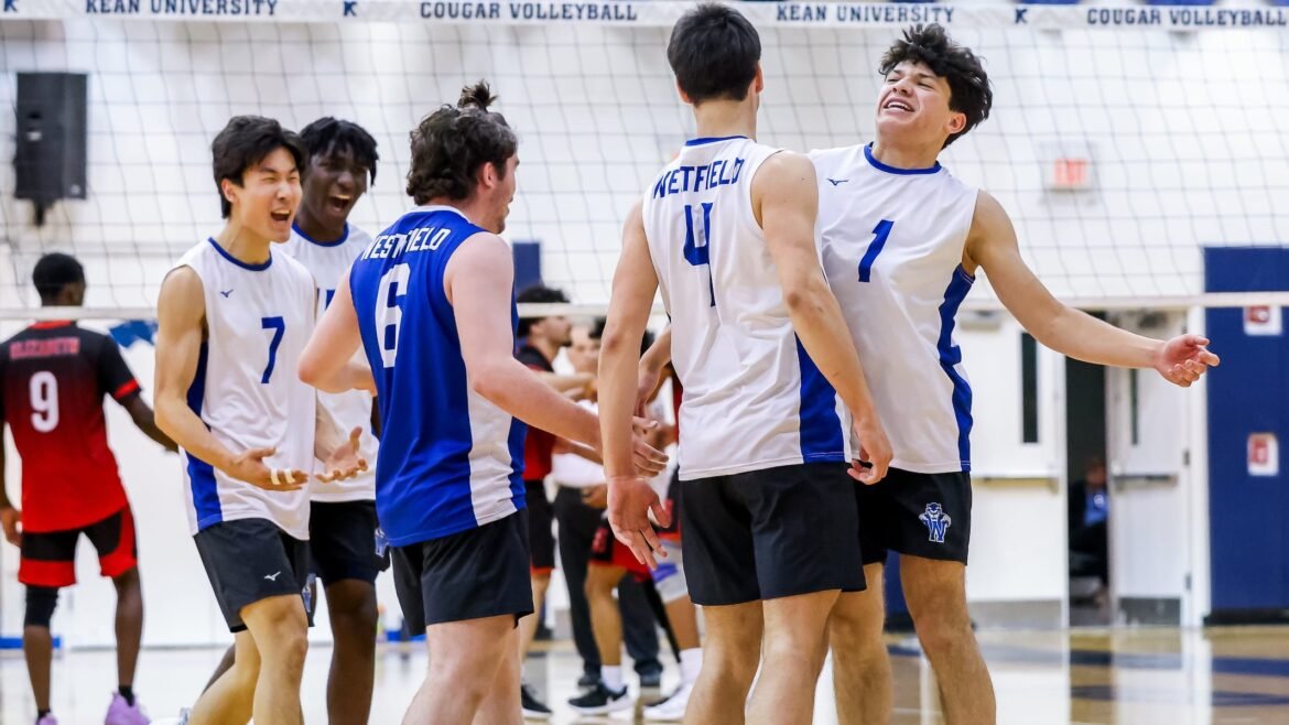 Westfield celebrates after a point against Elizabeth during the boys volleyball Union County Tournament Final at Kean University in Union, NJ on Friday May 15, 2026,
