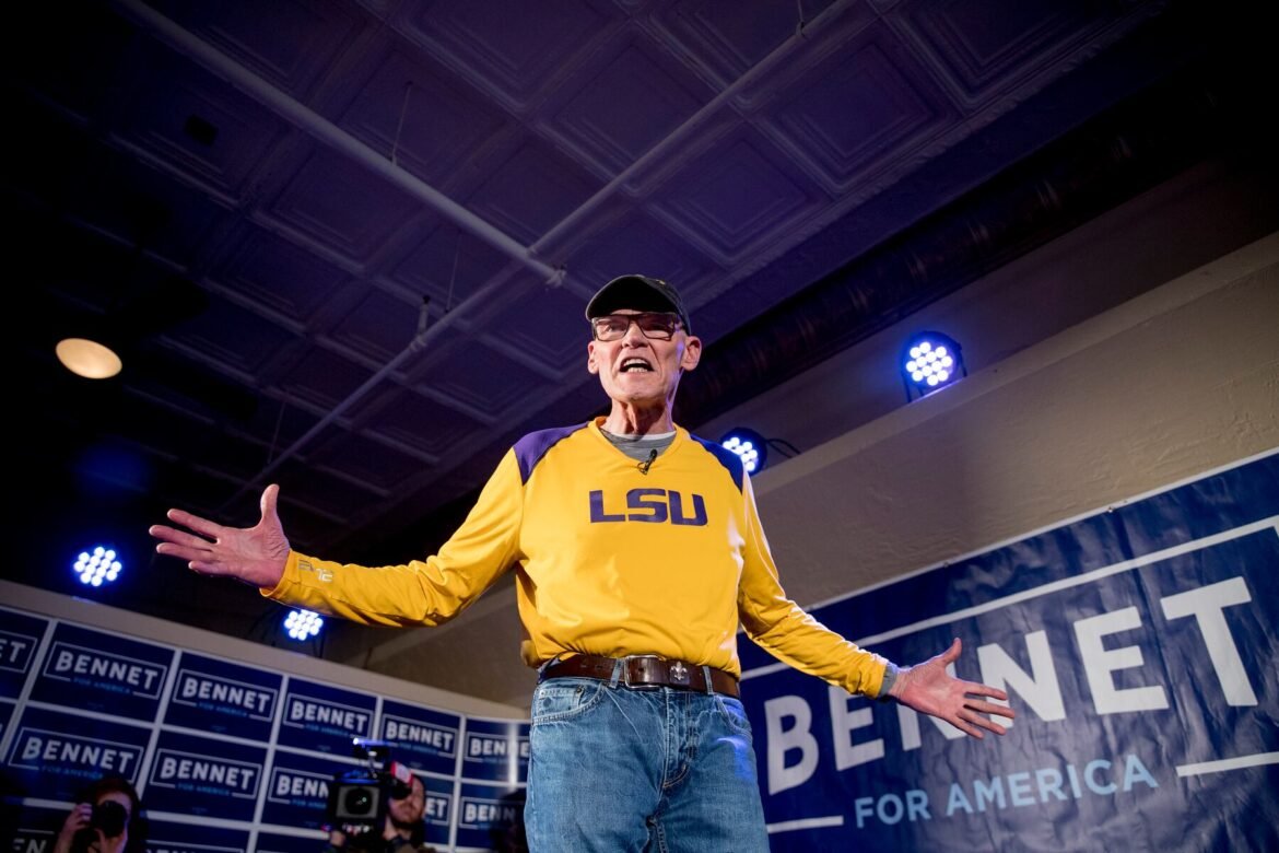 James Carville, a political commentator known for leading former President Bill Clinton's 1992 presidential campaign, speaks before introducing Democratic presidential candidate Sen. Michael Bennet, D-Colo., at a campaign stop at the Spotlight Room at the Palace, Saturday, Feb. 8, 2020, in Manchester, N.H. (AP Photo/Andrew Harnik)