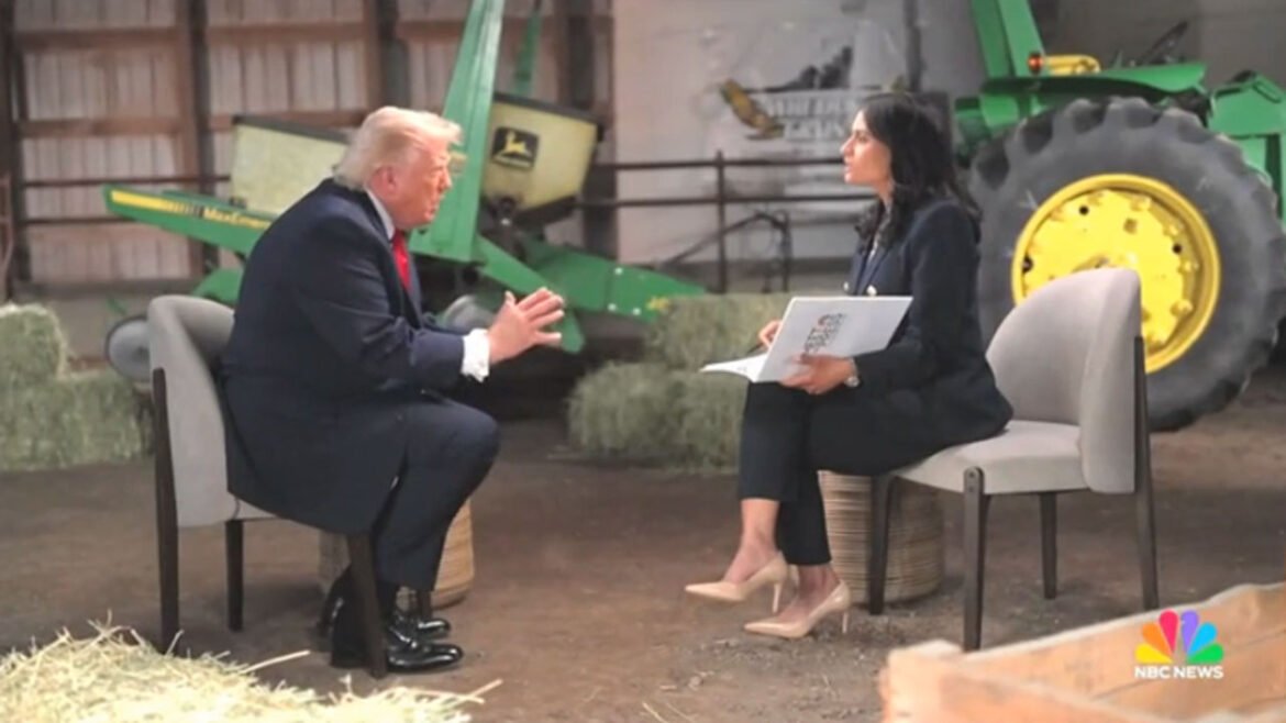 President Donald Trump face-to-face with NBC's Kristen Welker during interview, green tractor in the background