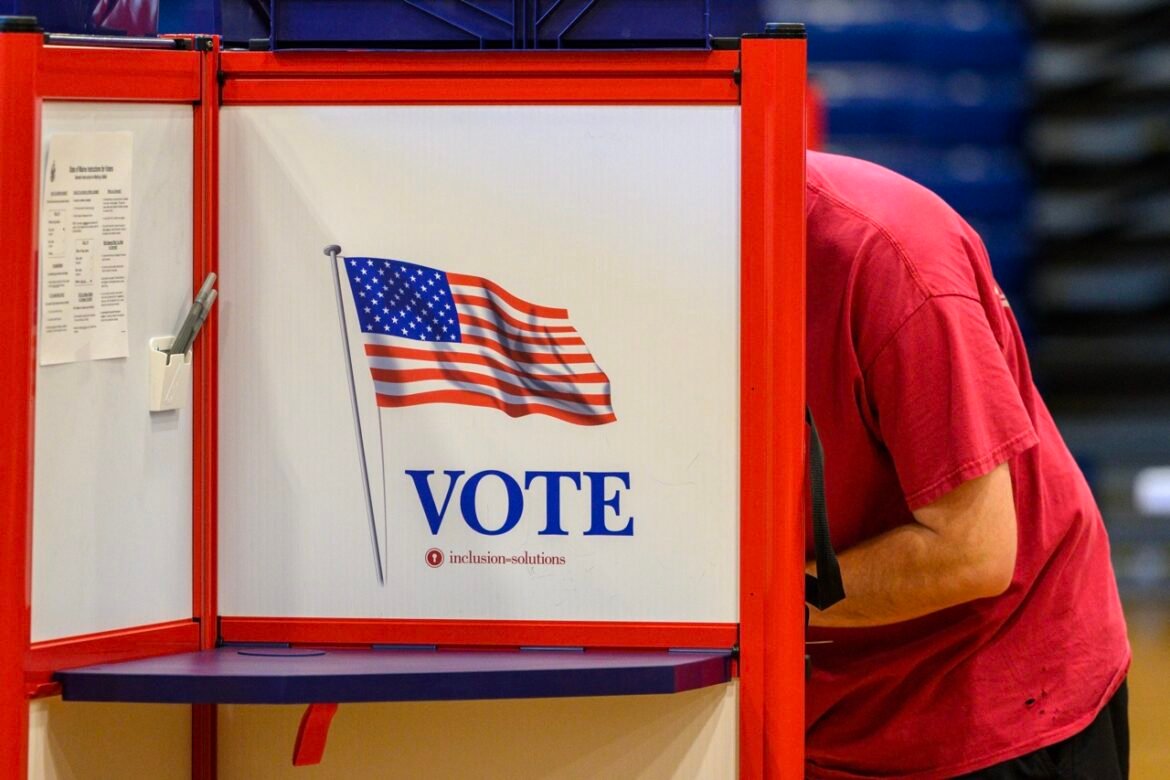 Voting at the Portland Expo in Maine’s June 9, 2026 primary election. (Photo by Jim Neuger/Maine Morning Star)