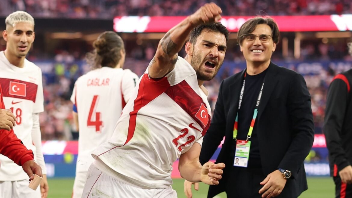 Turkey's Kaan Ayhan celebrates his winning goal for Turkey