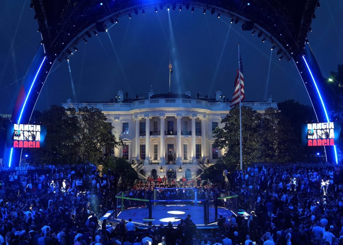 The arena is pictured as President Donald Trump arrives for the UFC Freedom 250 on the South Lawn of the White House, Sunday, June 14, 2026, in Washington. (AP Photo/Mark Schiefelbein)