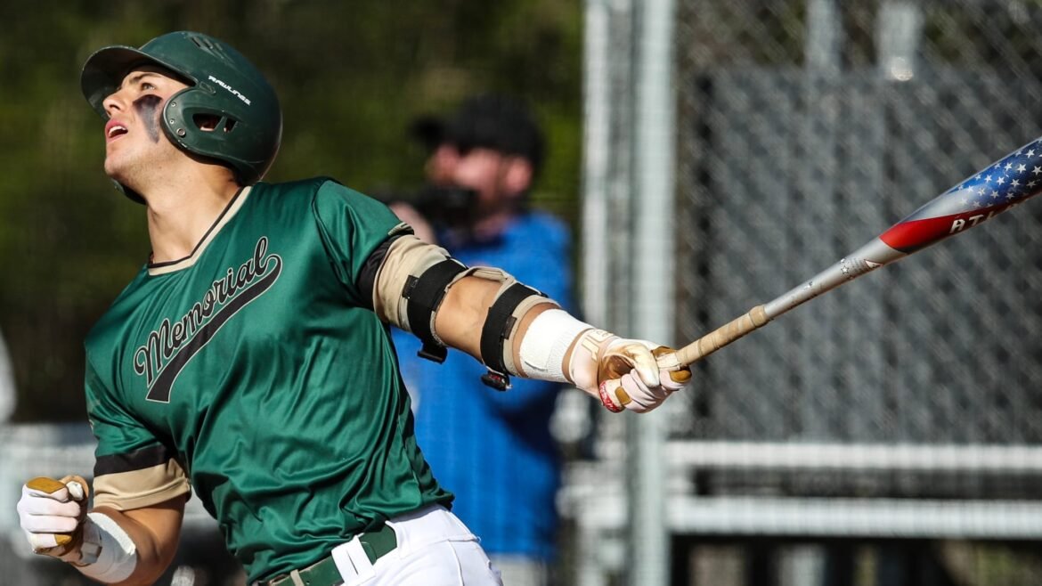 Tyler Garbooshian (2) of Brick Memorial puts the ball in play during the Ocean County Tournament baseball final between Toms River South and Brick Memorial at Al Leiter Baseball Park in Bayville, NJ on 5/7/26.