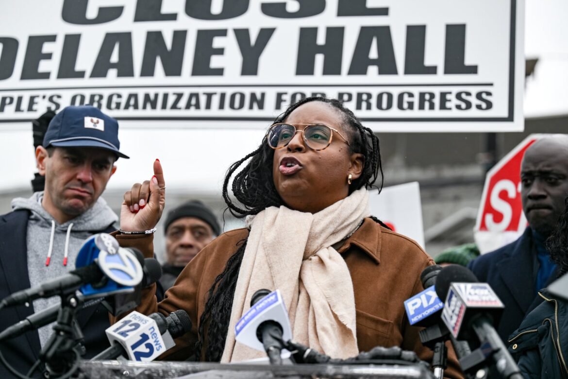 U.S. Rep. LaMonica McIver, a Democrat, will attend a field hearing at Newark City Hall on Wednesday addressing conditions at the detention center. McIver is seen here at a press conference after touring the detention center on Dec. 23, 2025. 