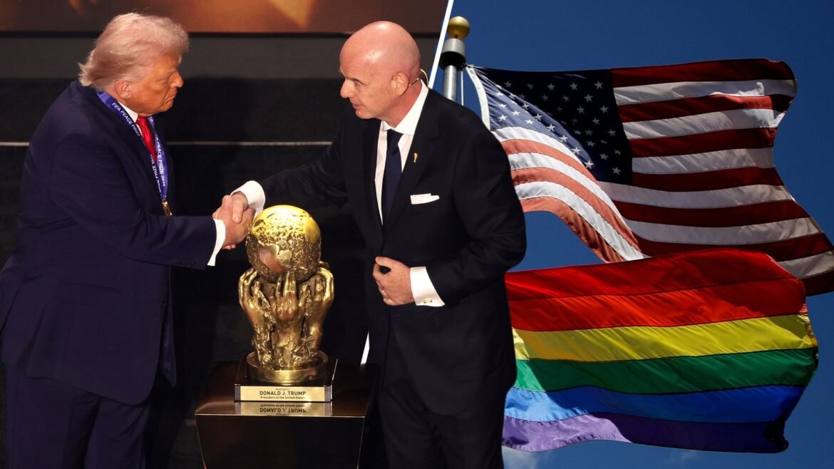 Donald Trump, Gianni Infantino, World Cup trophy, US flag, Pride flag