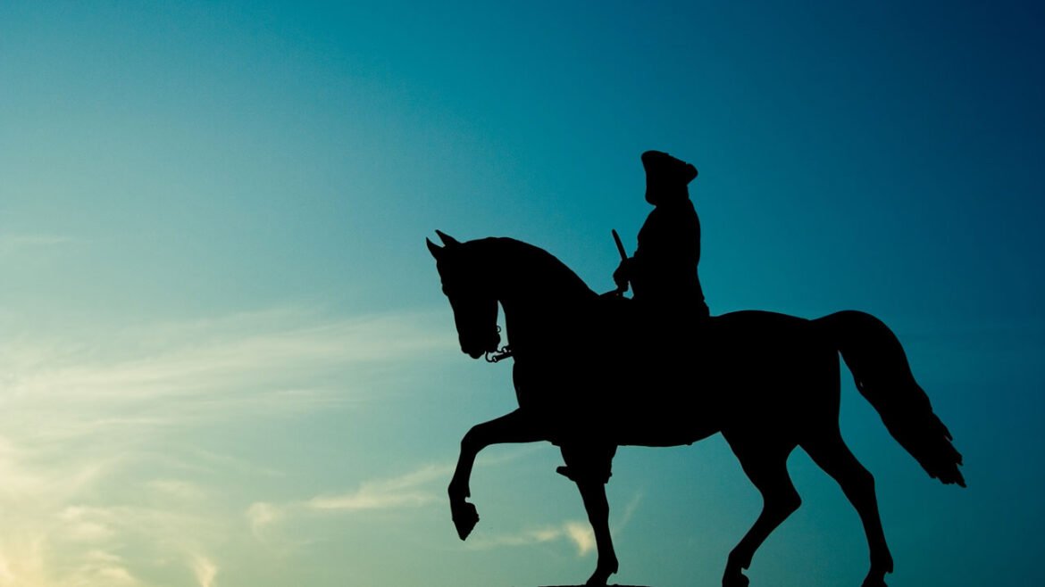 Silhouette of George Washington on his horse against a blue background.