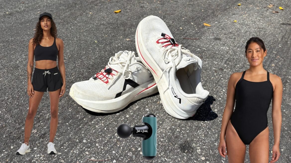 composite image of running shoes on asphalt background with clipped out images of woman waring black one-piece swimsuit, woman wearing black top and running shorts, and massage gun over the image