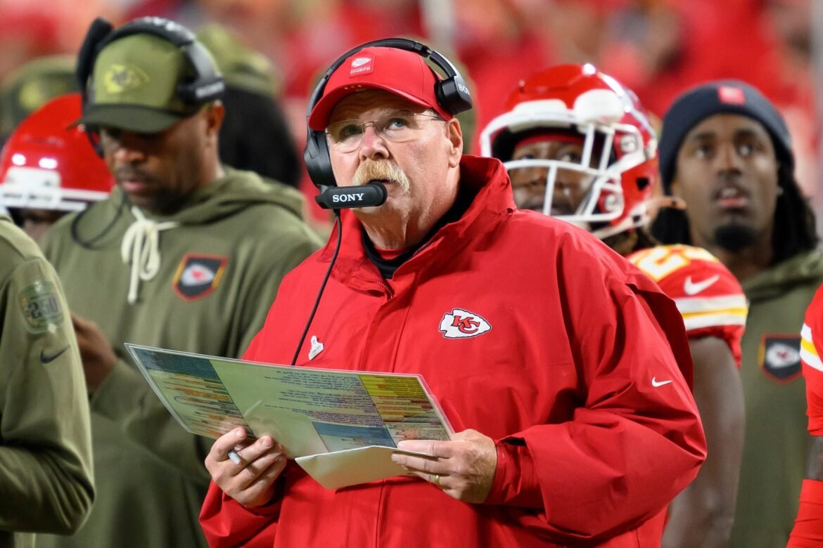 Kansas City Chiefs head coach Andy Reid looks to the scoreboard during the second half of a game against the Washington Commanders on Oct. 27, 2025 in Kansas City. (AP Photo/Reed Hoffmann)