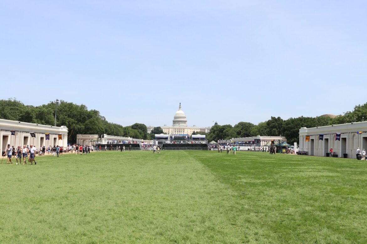 There were few crowds as attendees explored different exhibits at the Great American State Fair on the National Mall in Washington, D.C. on June 30, 2026. (Photo by Sam Gauntt/States Newsroom)