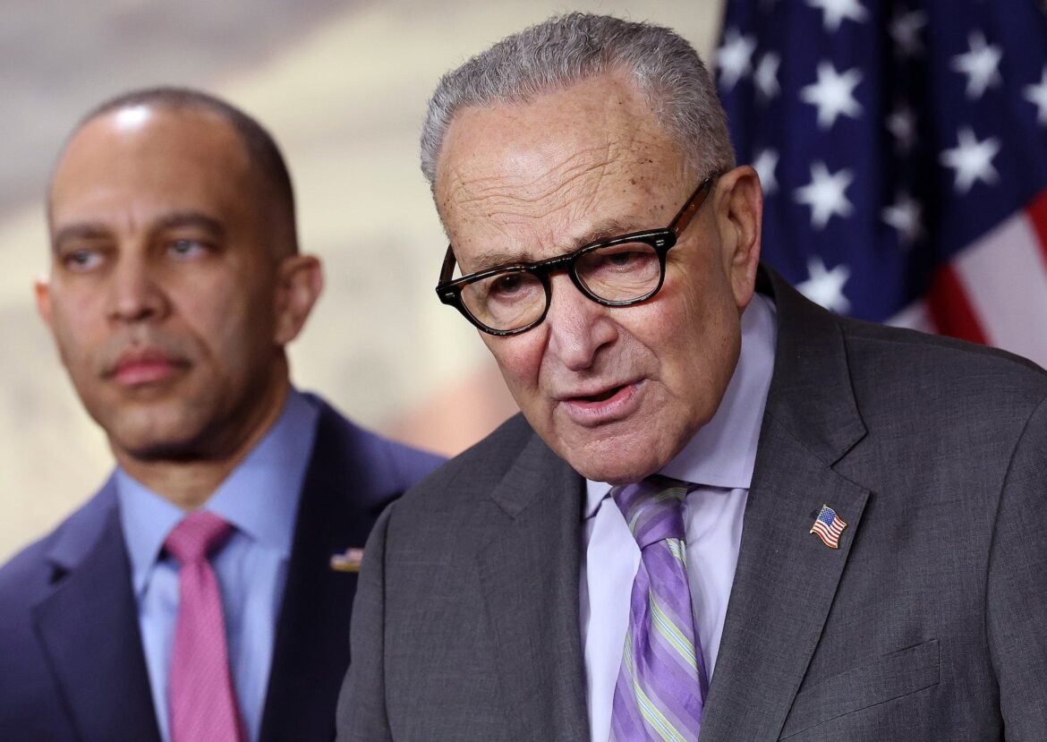 WASHINGTON, DC - FEBRUARY 04: U.S. Senate Minority Leader Chuck Schumer (D-NY) (R), joined by House Minority Leader Hakeem Jeffries (D-NY), speaks at a press conference on Department of Homeland Security (DHS) funding at the U.S. Capitol on February 04, 2026 in Washington, DC. The Democratic leadership outlined their demands for ICE accountability as Congress debates funding legislation for the DHS ahead of next week's deadline. (Photo by Kevin Dietsch/Getty Images)