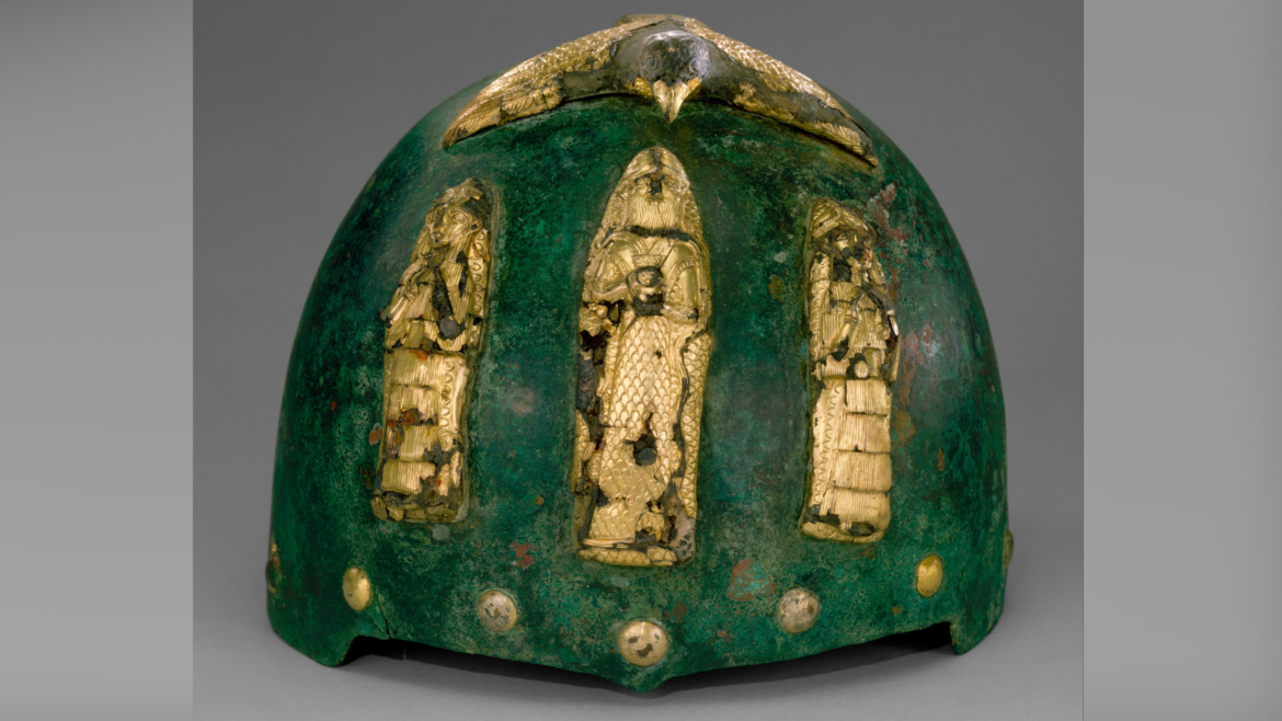 Elamite helmet with divine figures: A warrior king's 3,500-year-old bronze armor depicting a raptor and gold-plated gods