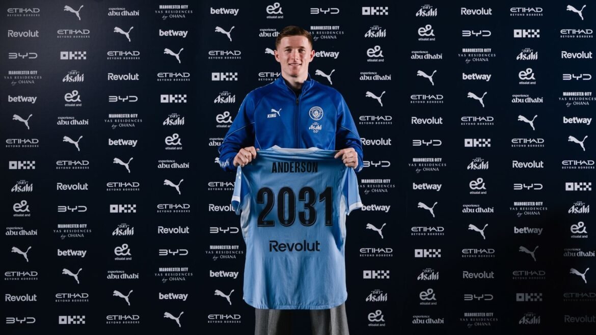 Elliot Anderson Signs for Manchester City at Manchester City Football Academy on July 22, 2026 in Manchester, England. (Photo by Declan Lloyd/Manchester City FC)
