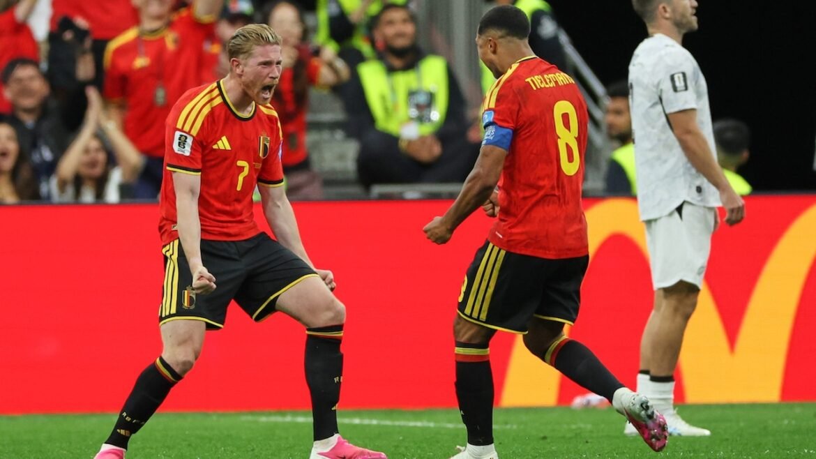 Belgium's Kevin De Bruyne (7) and Belgium's Youri Tielemans (8) winning the the World Cup Group G soccer match between New Zealand and Belgium in Vancouver, British Columbia, Friday, June 26, 2026.