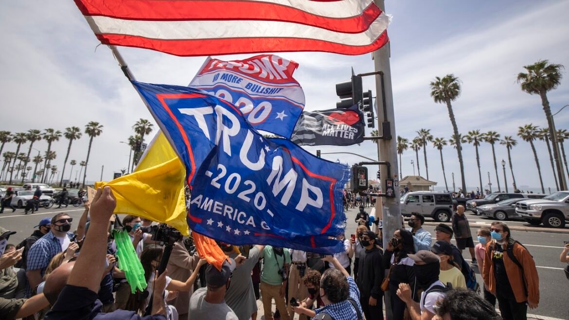 A crowd gathers outdoors by a street lined with palm trees, waving flags including a large Trump 2020 banner.